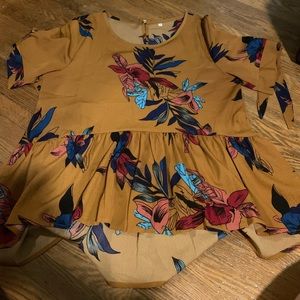 SHEIN peplum shirt, yellow with floral pattern, size medium